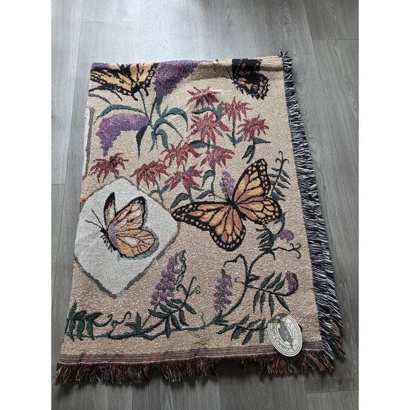 Country Classics Butterfly Floral Tapestry Throw Blanket Fringe Made In USA NWT - Picture 1 of 5